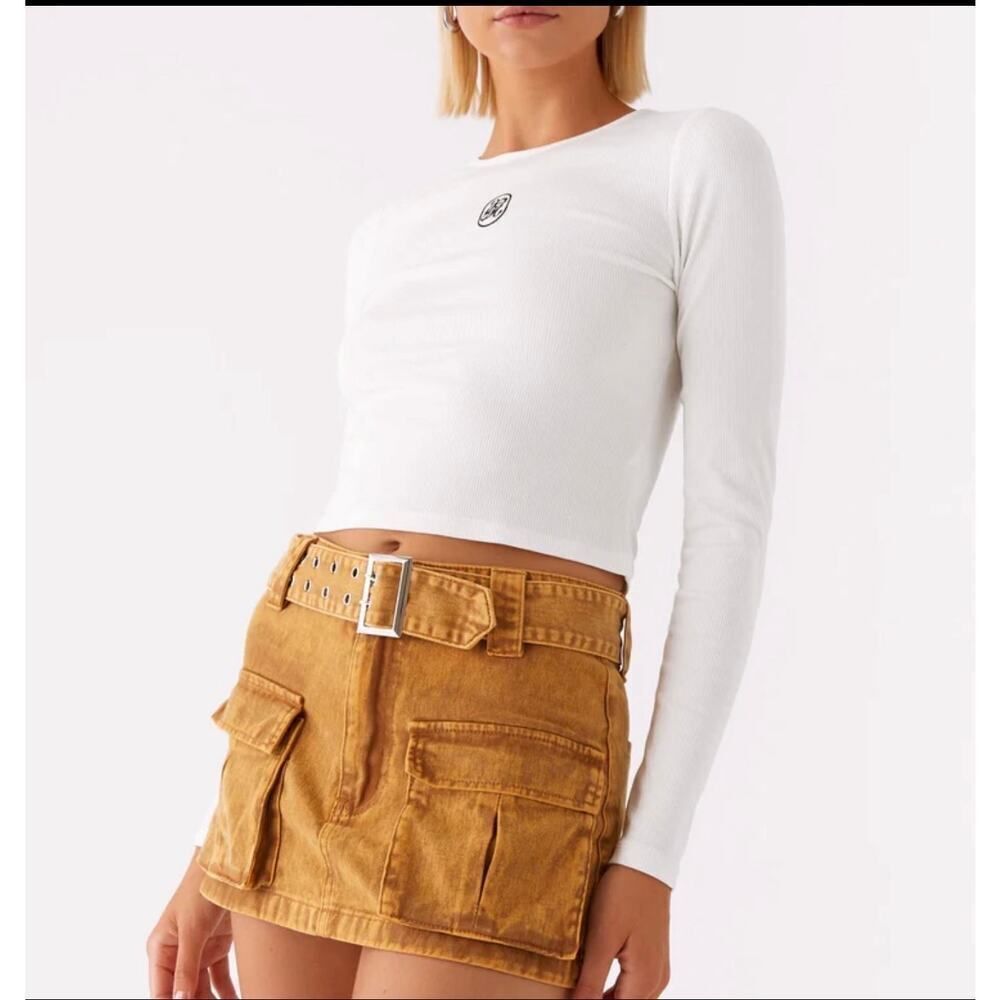 Peppermayo Y2K Cargo Mustard Denim Belted Micro Mini Skirt Size 4 McBling NWT